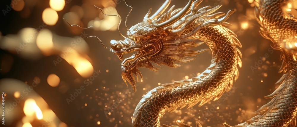 A majestic golden dragon surrounded by shimmering particles and warm light. A majestic golden dragon surrounded by shimmering particles and warm light.