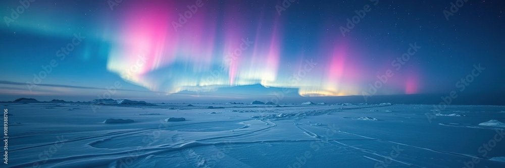 Naklejka premium Frozen landscape at night with pink aurora borealis over snow and ice, winter magic, color gradient, serene atmosphere