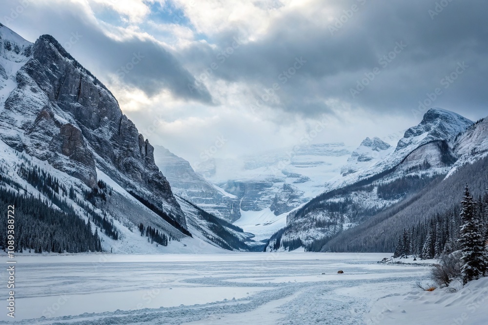 Obraz premium Frozen landscape with snow-covered mountains and valleys, cold climate, snowy terrain