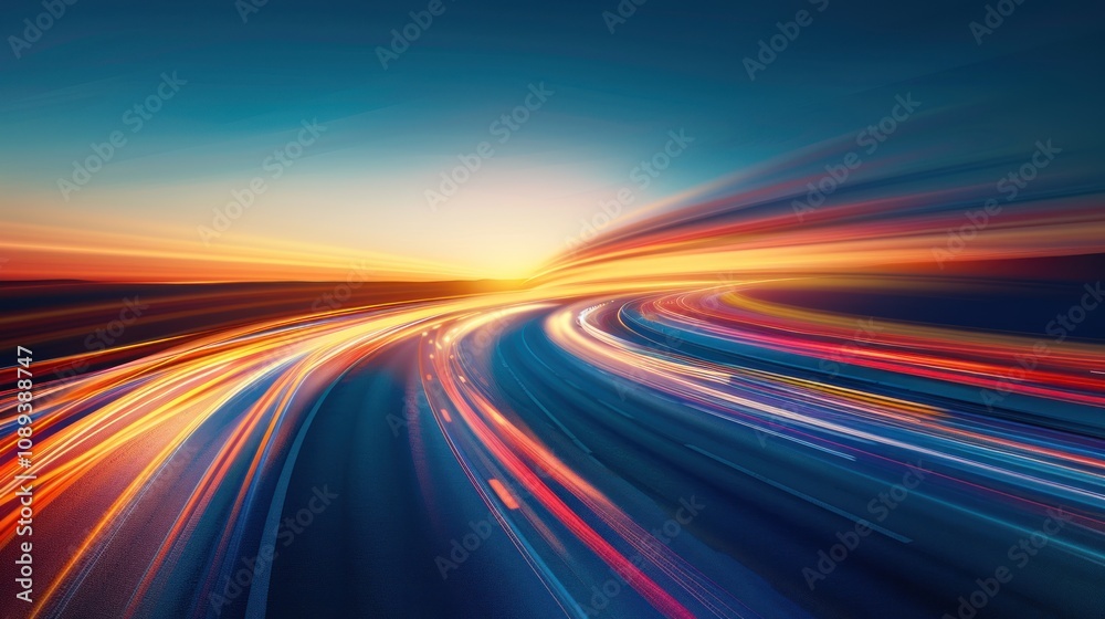 Abstract sunset light trails on a curved road, conveying speed and movement. Abstract sunset light trails on a curved road, conveying speed and movement.
