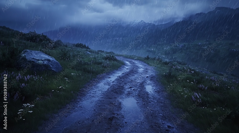 Scenic Mountain Trail During a Rainstorm with Misty Clouds and Dramatic Skies Scenic Mountain Trail During a Rainstorm with Misty Clouds and Dramatic Skies