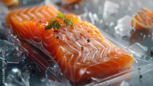 Fresh salmon fillet garnished with herbs, resting on ice, showcasing vibrant color and texture. photo