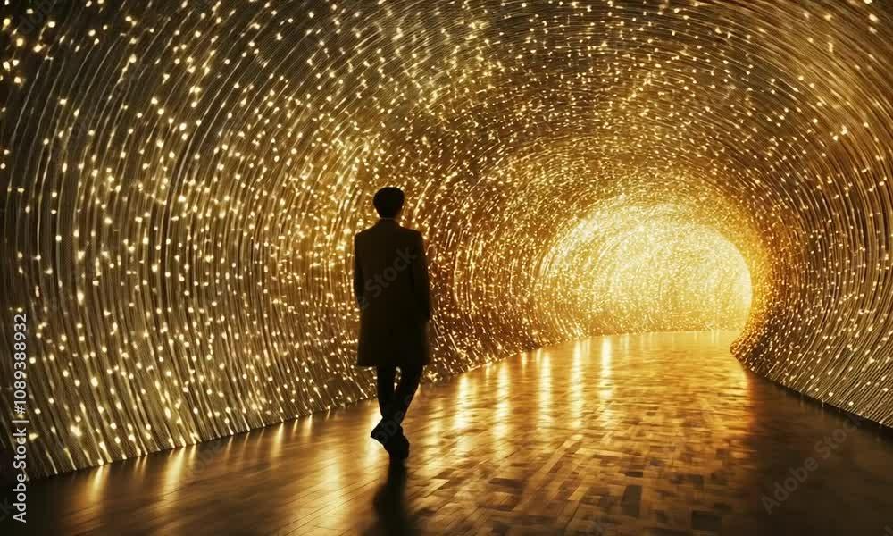 Solitary Figure Contemplating a Luminous, Starry Tunnel