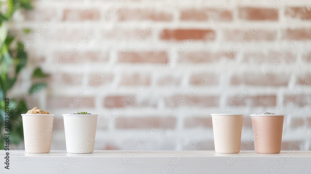 A minimalist display of four decorative pots on a table, set against a textured brick wall, showcasing a modern and stylish interior design. A minimalist display of four decorative pots on a table, set against a textured brick wall, showcasing a modern and stylish interior design.