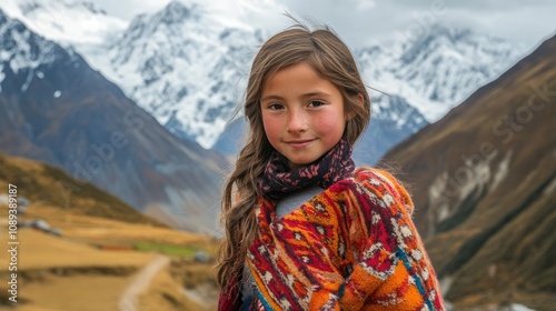 Young girl confidently smiling in a colorful sweater with majestic snow-capped mountains looming in the background.