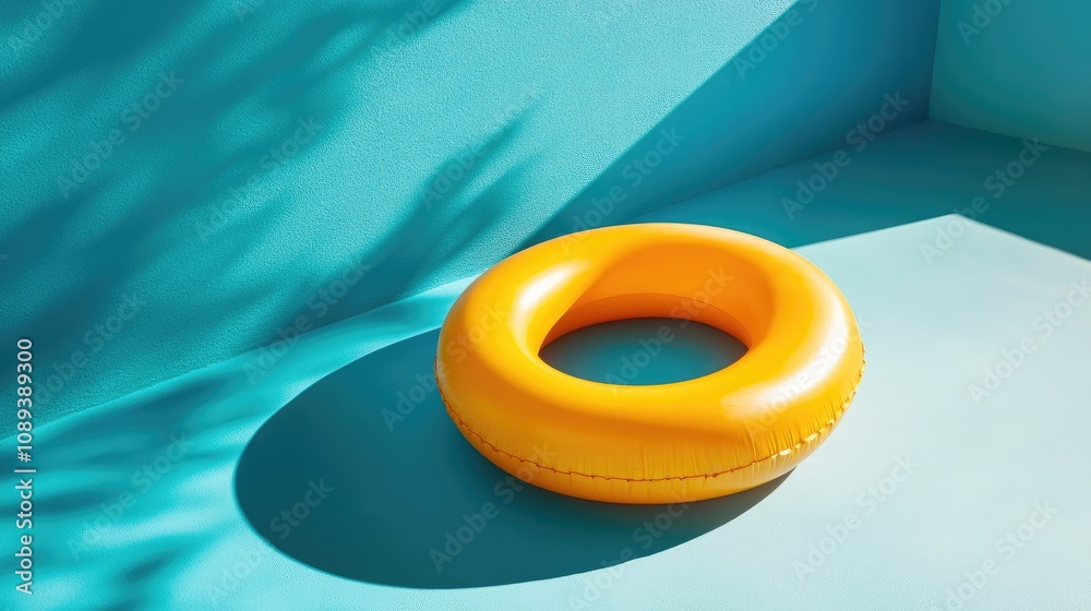Vibrant blue pool featuring a yellow inflatable ring resting on the surface, surrounded by playful shadows and bright colors. Vibrant blue pool featuring a yellow inflatable ring resting on the surface, surrounded by playful shadows and bright colors.