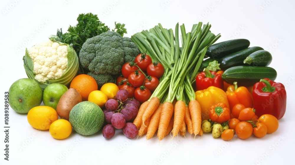 Vibrant assortment of fresh fruits and vegetables on a white backdrop featuring greens, carrots, tomatoes, and colorful peppers. Vibrant assortment of fresh fruits and vegetables on a white backdrop featuring greens, carrots, tomatoes, and colorful peppers.
