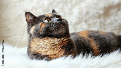 Blue tortie European shorthair cat lounging on a soft white faux fur rug, looking inquisitively upward with a serene expression and text space available