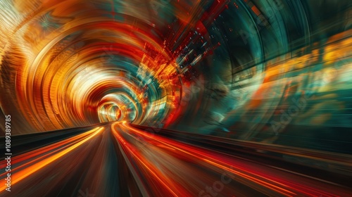 Abstract light trails inside a vibrant, swirling tunnel. photo