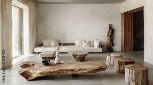 Elegant minimalist living room showcasing natural wood furniture, a light color palette, and a serene atmosphere with simple decor accents.