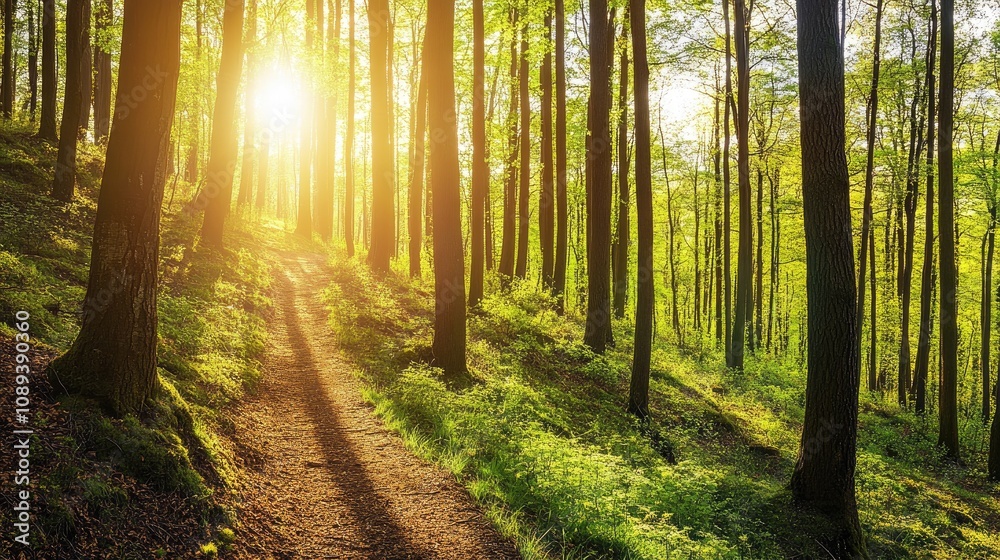 Obraz premium Winding path meandering through a vibrant forest with tall trees and gentle sunlight illuminating the lush greenery and soft ground.