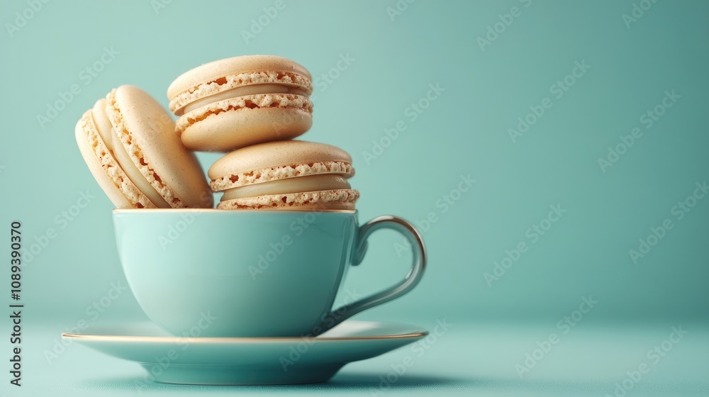 Almond flavored macarons stacked in a pastel turquoise cup on a matching saucer, set against a soft turquoise backdrop.