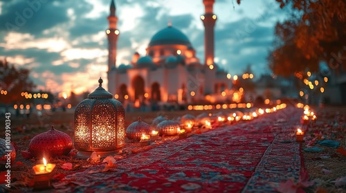 Illuminated path to mosque at sunset. photo