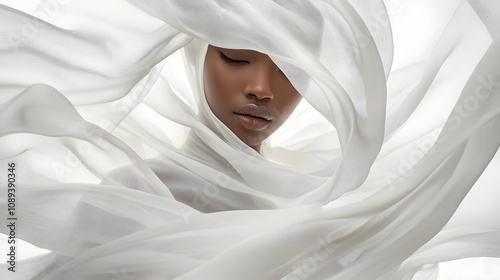 Serene woman enveloped in flowing white fabric. photo