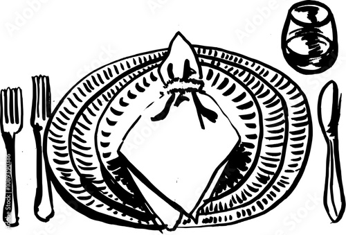 Dinner, table setting. Christmas related Hand drawn vector sketch illustration