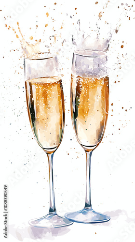 Hand drawn vector watercolor of two glasses of champagne isolated on white background vintage vector sketch drink illustration
