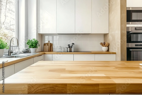 Minimalist Modern Kitchen with Oak Wood Island and Built-in Counter