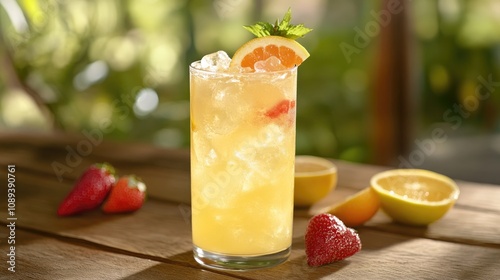 Vibrant citrus drink garnished with fresh mint and orange slice, surrounded by strawberries and lemons on a sunlit wooden table. Perfect for summer cocktails.