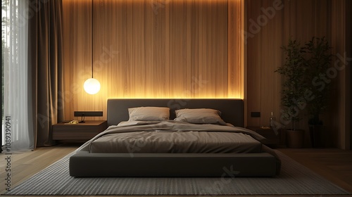 Elegant and Cozy Modern Bedroom Interior Design with Stylish Decor, mockup, poster and Background