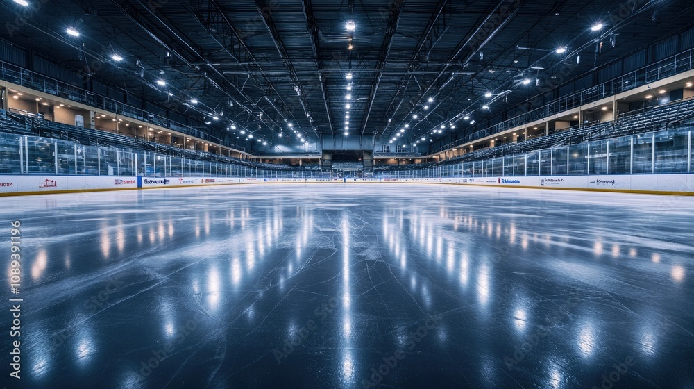 Obraz premium A wide-angle shot of an empty ice rink with freshly smoothed ice, reflecting the lights of the arena.