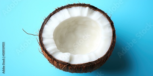 Halved coconut with creamy white flesh on a bright blue background. photo