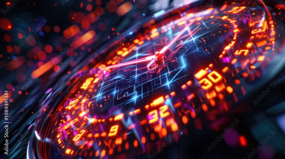 Futuristic glowing clock face with circuit details. Futuristic glowing clock face with circuit details.