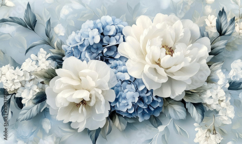 Flower arrangement featuring blue and white blooms on a soft background