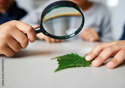 Kids exploring nature and learning botany by looking at a leaf with a magnifying glass