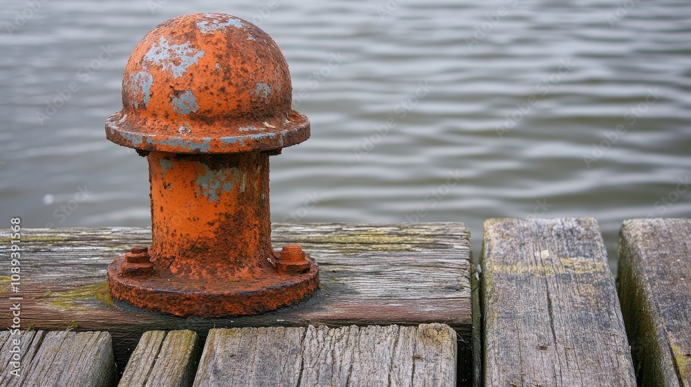Weathered orange metal bollard on a rustic wooden pier with textured boards against a rippling water backdrop Weathered orange metal bollard on a rustic wooden pier with textured boards against a rippling water backdrop
