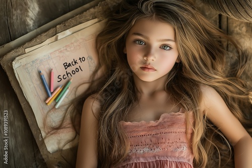 Dreamy backtoschool portrait capturing a young girl with long hair, emphasizing creativity and anticipation in education settings photo