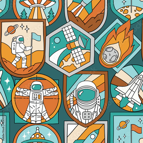 Seamless vector pattern with vintage space patches. Hand drawn retro spacecraft badges. Perfect for textile, wallpaper or nursery print design. EPS10 vector file.