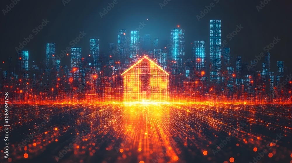 A vibrant urban setting with glowing holographic insurance icons for homes and vehicles A vibrant urban setting with glowing holographic insurance icons for homes and vehicles