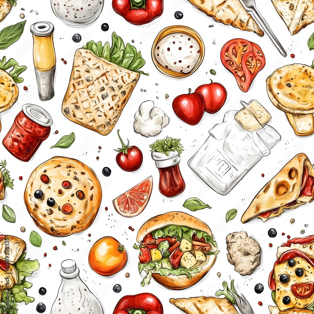 Fototapeta premium The image is a colorful and vibrant illustration featuring a variety of food items, primarily focused on breakfast foods and pastries. The background is white, which makes the colorful foods pop out.