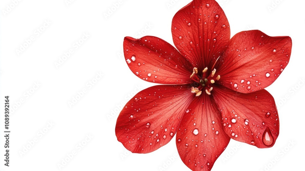 A vibrant red flower with delicate droplets symbolizing beauty and freshness, elegantly positioned against a soft white background. A vibrant red flower with delicate droplets symbolizing beauty and freshness, elegantly positioned against a soft white background.