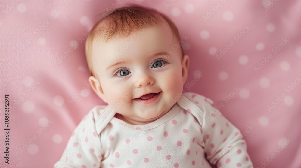 Charming infant in a polka dot onesie smiling on a soft pink backdrop, showcasing a joyful expression and bright blue eyes. Charming infant in a polka dot onesie smiling on a soft pink backdrop, showcasing a joyful expression and bright blue eyes.