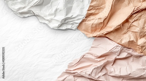 Mixed textures of crumpled paper sheets in soft shades of white, pale peach, and light beige set against a smooth white backdrop. photo