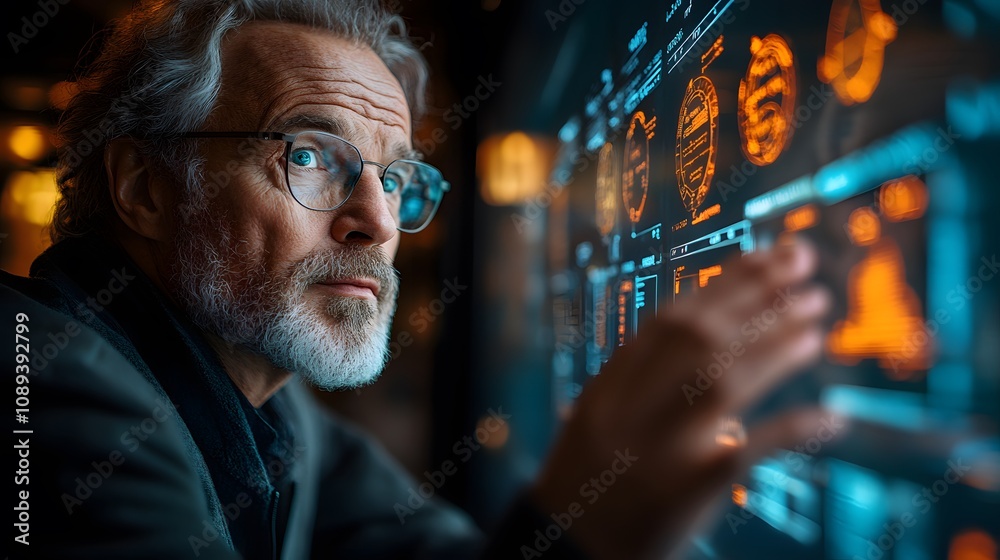 A professional working late with a glowing hologram of policy details and benefits A professional working late with a glowing hologram of policy details and benefits
