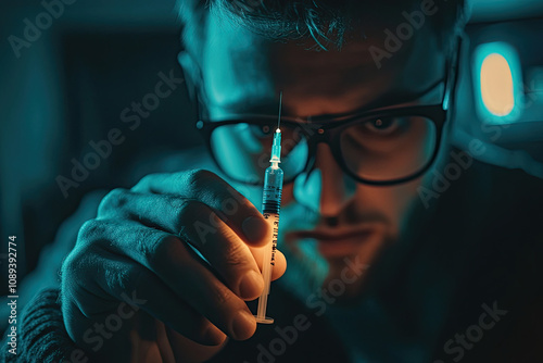 A crazed drug addict reaches for another dose of the drug in the syringe. Guy addicted, The concept of anti drugs. male drug addict drug syringe. Heroin, cocaine Baby gang. dealing overdose fentanyl photo