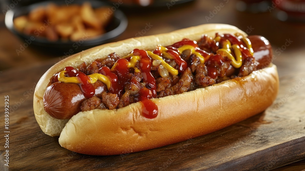 Savory hotdog topped with ketchup and mustard, nestled in a soft bun, ideal for a quick dinner or snack, perfect for sports fans. Savory hotdog topped with ketchup and mustard, nestled in a soft bun, ideal for a quick dinner or snack, perfect for sports fans.