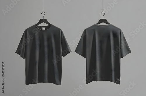 Front and back view of a dark gray oversized t-shirt hanging on black hangers against a gray background. photo