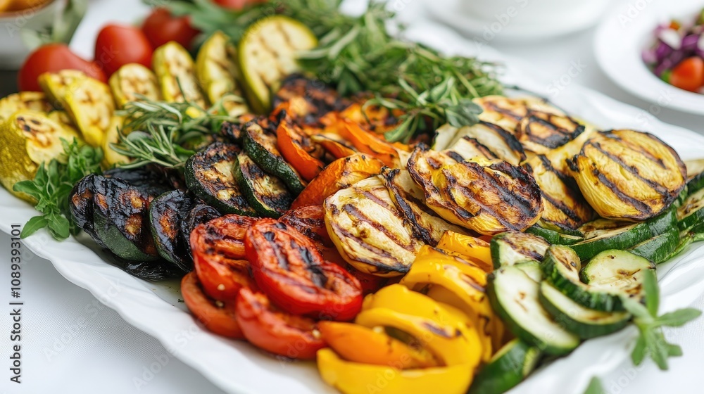 A vibrant platter of grilled vegetables and fresh salads artfully arranged on a white table, showcasing rich colors and textures. A vibrant platter of grilled vegetables and fresh salads artfully arranged on a white table, showcasing rich colors and textures.