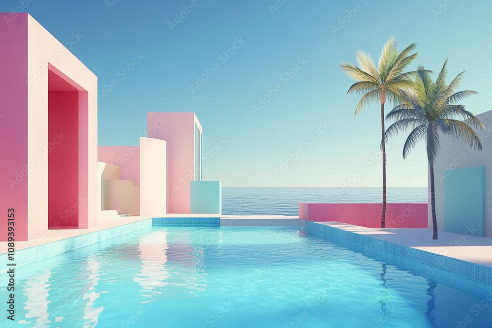 Picture of Minimalist modern poolside architecture with pastel walls, geometric ...