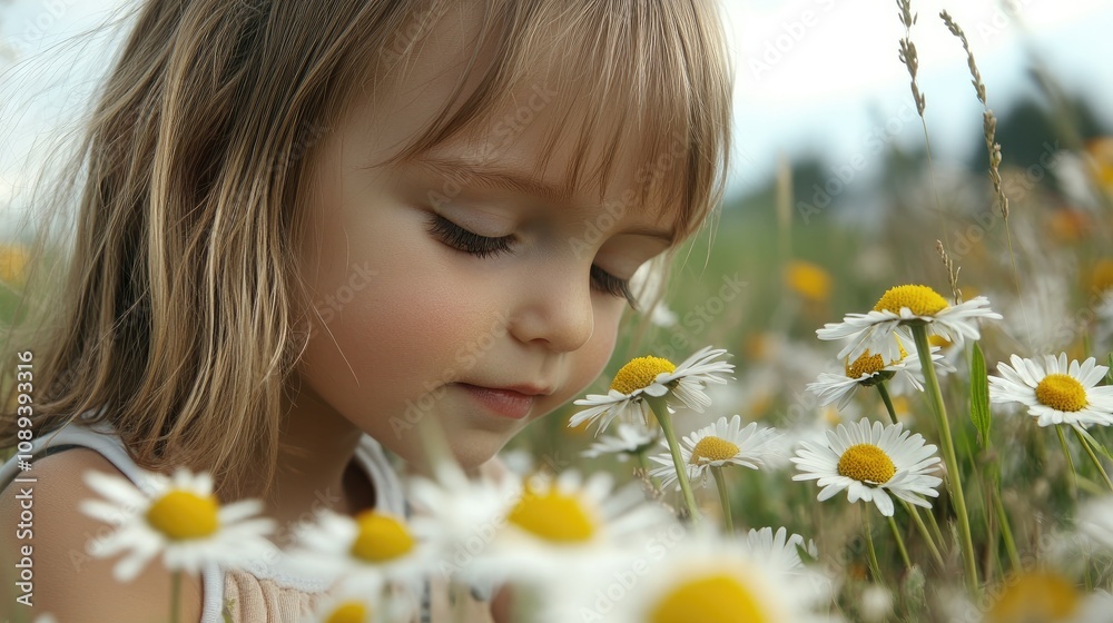 Toddler exploring a field of daisies, capturing the essence of childhood wonder and tranquility in nature's embrace. Toddler exploring a field of daisies, capturing the essence of childhood wonder and tranquility in nature's embrace.