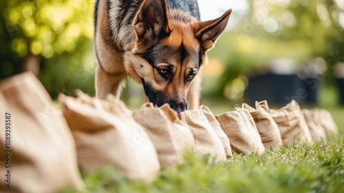 Wallpaper Mural Dog Sniffing Bags in Outdoor Setting Torontodigital.ca