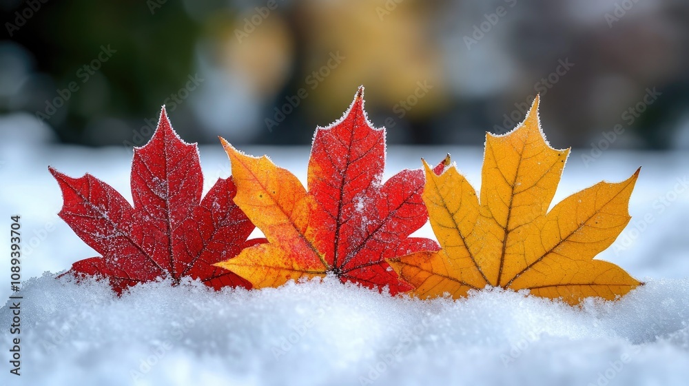 Colorful maple leaves in vibrant red and yellow contrasting beautifully against a soft layer of fresh white snow. Colorful maple leaves in vibrant red and yellow contrasting beautifully against a soft layer of fresh white snow.
