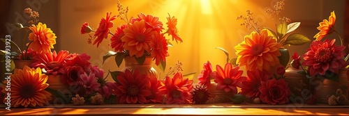 Golden light infuses vibrant colors in a mesmerizing still life, textured surface, still life composition, vibrant colors
