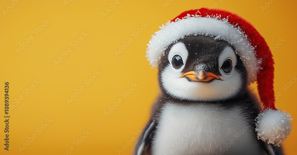 Obraz premium Adorable baby penguin in a Santa hat with festive lights on a snowy winter background. Perfect for New Year 2026 - 2027 banners, Christmas cards, and ads with space for text.