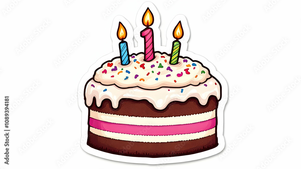 A cartoon illustration of a threelayered chocolate cake with pink frosting, white icing, colorful sprinkles and three lit candles number one candle is prominent. A cartoon illustration of a threelayered chocolate cake with pink frosting, white icing, colorful sprinkles and three lit candles number one candle is prominent.