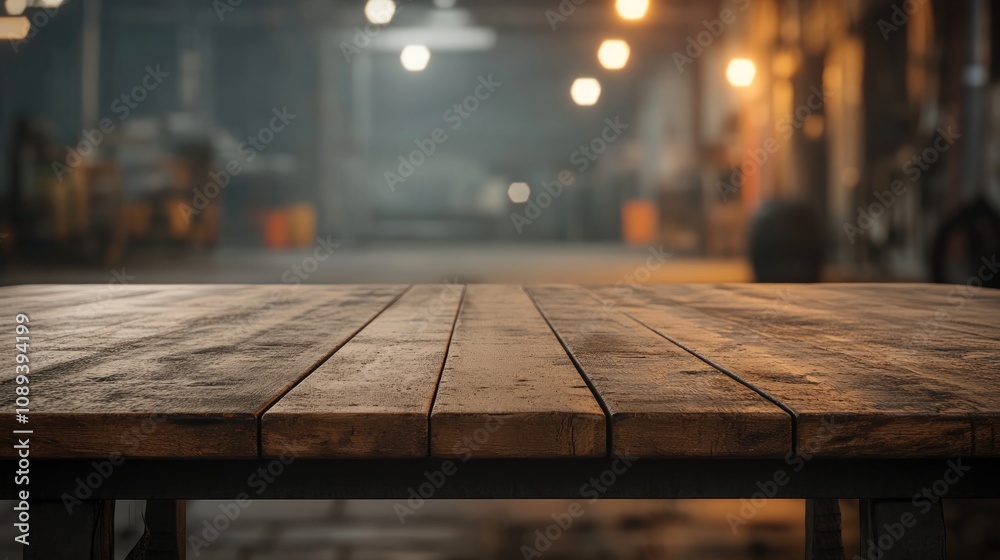 Empty wooden table with ample text space, softly blurred industrial background with warm lights, ideal for displaying promotional materials. Empty wooden table with ample text space, softly blurred industrial background with warm lights, ideal for displaying promotional materials.