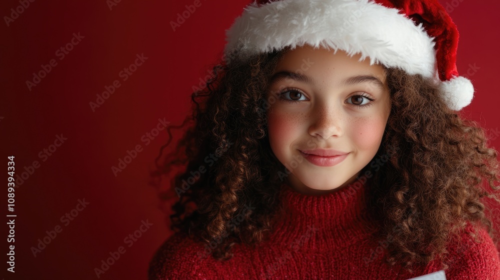Young girl wearing Santa hat smiling while holding Christmas wish list on a vibrant red background, embodying holiday spirit and joyful anticipation. Young girl wearing Santa hat smiling while holding Christmas wish list on a vibrant red background, embodying holiday spirit and joyful anticipation.